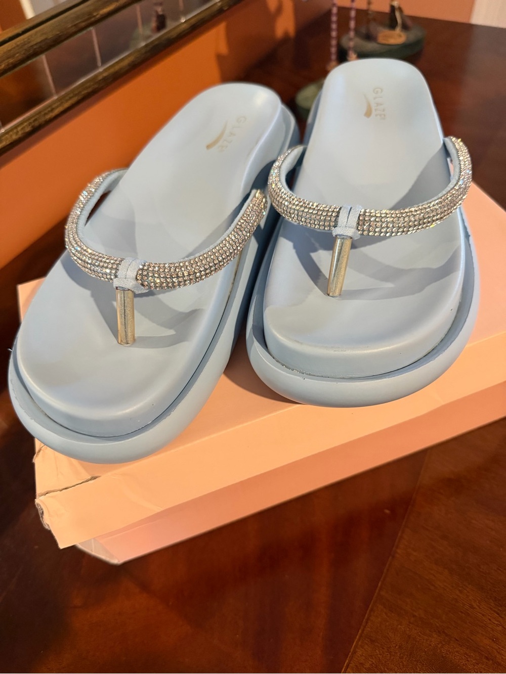 Light Blue Embellished Toe-Post Sandals -  Women